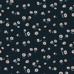 Seamless pattern of small daisy flowers on dark blue background. Floral print