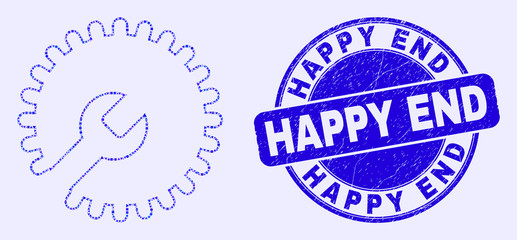 Geometric settings gear mosaic pictogram and Happy End seal. Blue vector round textured seal with Happy End title. Abstract mosaic of settings gear constructed of round, tringle,