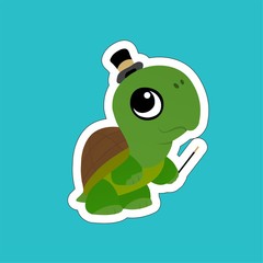 Stickers of Turtle Carries a Magic Stick and Wears a Magic Hat  Cartoon, Cute Funny Character, Flat Design