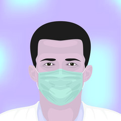 Doctor in a medical mask with a virus in the background. Illustration of a medical worker in a medical mask for protection against viruses.