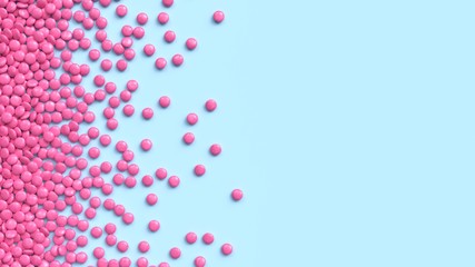 Pink coated chocolate candies scattered on blue background. 3d rendering