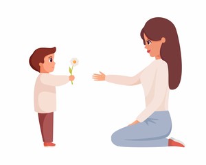 Little son gives flower to mom. Kind boy holds flower for his mother. Little boy congratulating happy woman. Colorful vector cartoon character.