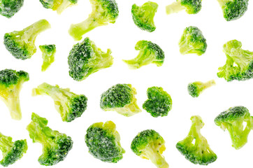 Preservation of vegetables, frozen broccoli cabbage on white background