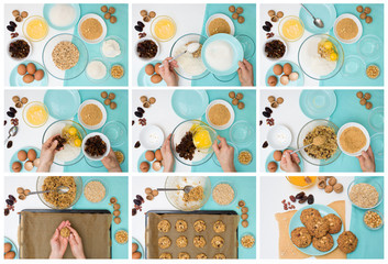step by step recipe for homemade oatmeal cookies with dates, coconut, peanuts, walnuts, top view. sweet nutritious dessert