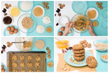 step by step recipe for homemade oatmeal cookies with dates, coconut, peanuts, walnuts, top view. sweet nutritious dessert