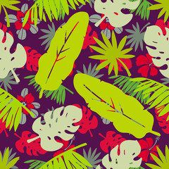 Seamless pattern with palm tree leaves, branches, hibiscus flowers