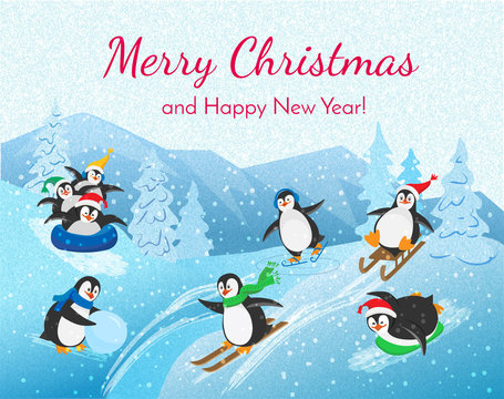 Colorful vector New Year and Christmas card in blue color with a penguins on the skates, on skis, on a sleigh, on tube, with a snowball. Mountain winter landscape on the grainy textured background.