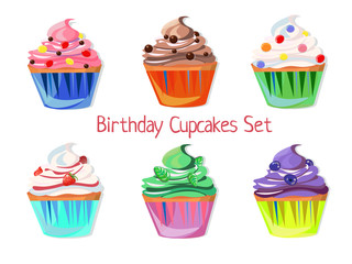 Set of birthday cupcakes with different decorations and flavors.