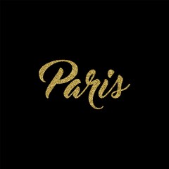 Paris city name calligraphy text with golden glitter particles on black background