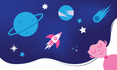 flat vector of  cartoon  a cute girl dreaming with galaxy on blue background.