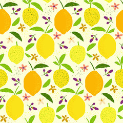 Tropical fruit seamless pattern with fresh yellow lemons, leaves, flowers on beige background. Bright summer citrus fruit. Cute doodle hand drawn texture. Colorful design for art and textile print.