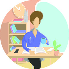 Man reads and drinks coffee or tea. Illustration flat design.