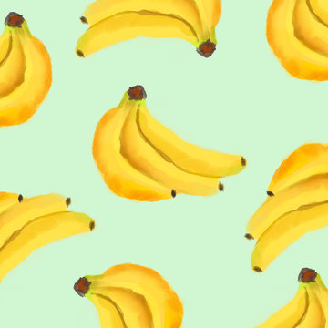Watercolor banana pattern isolated on green background. Fresh fruit.