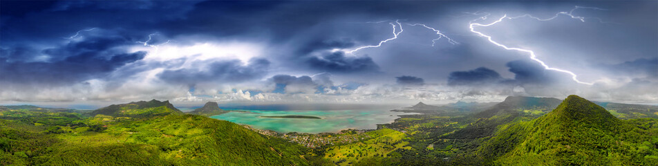 Amazing aerial panoramic view of Mauritius Island with tropical storm approaching, Africa
