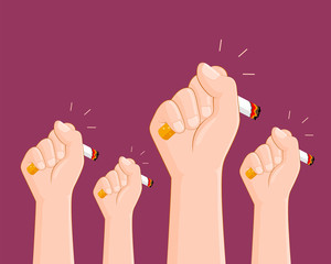 Human hands crushing cigarette. Quitting smoking concept.  World No Tobacco Day. illustration.