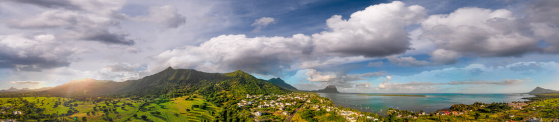 Aerial view of Le Morne Beach and Mauritius coastline on a sunny day