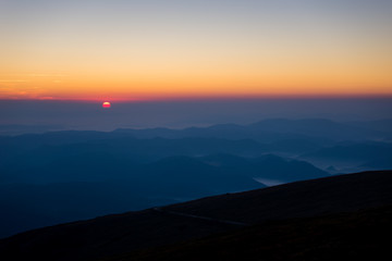 Beautiful sunrise over the mountains, long distance
