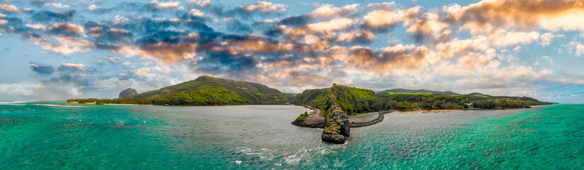 Maconde view point. Monument to captain Matthew Flinders in Mauritius, aerial view from drone