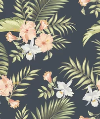Aluminium Prints Hibiscus Seamless tropical pattern with hibiscus, orchid palm leaves. Botanical exotic vector illustration.