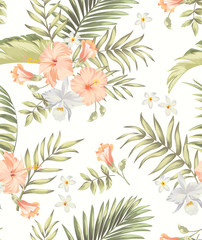 Seamless tropical pattern with hibiscus, orchid palm leaves. Botanical exotic vector illustration.