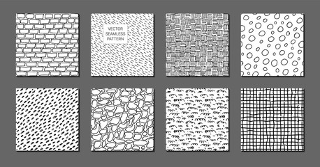 Set of seamless pattern with hand drawn textures. Doodle style. Vector objects. Abstract elements. Textile print. Sketch backgrounds, templates, wallpaper