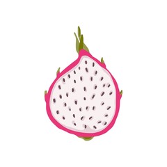 Cut in half dragon fruit isolated on the white background. Tropical white juicy dragon fruit with seeds. Summer fruits for healthy lifestyle.