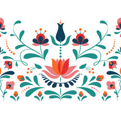 Vector horizontal seamless pattern with flowers and leaves on a white background. Colored floral ornament .for printing on souvenirs and embroidery.