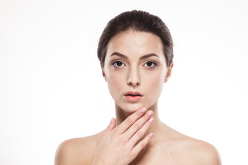 Young beautiful woman with hands  portrait with healthy skin studio on white