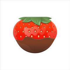 Strawberries with leaves. Glossy vector icon of ripe berries in chocolate. Design element for the packaging of chewing gum, ice cream, sweets and desserts.