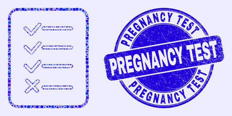 Obraz premium Geometric task list page mosaic pictogram and Pregnancy Test watermark. Blue vector round textured stamp with Pregnancy Test text. Abstract mosaic of task list page designed of round, tringle,