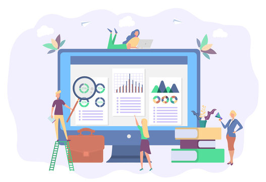 Digital marketing benefits. Web analytics. Programmers work in a team. Marketing activities. Colorful vector illustration.