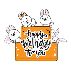 Obraz na płótnie Canvas Funny kawaii bunnies lie on the cake and the inscription happy birthday to you. Postcard template card for the holiday. Vector illustration of an isolated