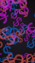 Multicolored translucent dollar signs on dark background. Red tones. 3D illustration