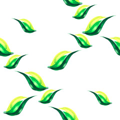 Fototapeta premium Seamless watercolor vintage pattern - branch, petal, green leaves. Stylized sheet, pattern. splash of abstract paint, fashionable art background, shawl. Autumn leaves, wind, pattern.