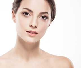 Young beautiful woman portrait with healthy skin studio on white