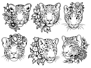 Set of leopards with floral wreaths. Collection of cute portraits of a predatory wild cat with natural accessories. Vector illustration of animals for children. Tattoos. © Igor