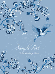 Classic Blue Crane Birds Vector Frame Card Background