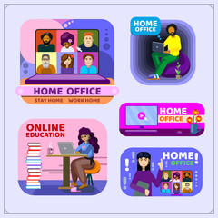 People at home in quarantine. Working at home and coworking space. Flat style illustration. Stop coronavirus.