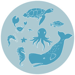 Ocean animals set: sperm whale, sea turtle, octopus, crab, seahorse, coral fish, shrimp, starfish  in doodle style isolated on white background. Silhouettes Marine fauna. Vector outline illustration.