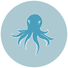Blue silhouette of an octopus on a blue background. Outline ocean animal illustration for nursery t shirt,kids apparel,party and baby shower invitation.Vector illustration. Save ocean poster.Icon.

