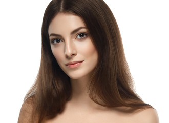 Fototapeta premium Beautiful woman happy portrait with long hair close up studio on white