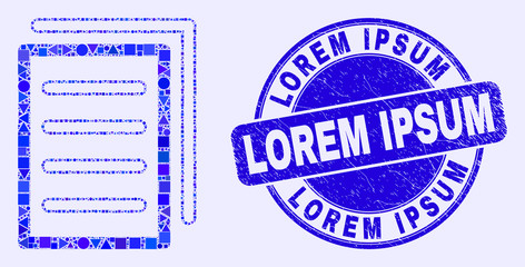 Obraz premium Geometric list page mosaic pictogram and Lorem Ipsum watermark. Blue vector rounded distress watermark with Lorem Ipsum phrase. Abstract mosaic of list page created of circle, triangles,