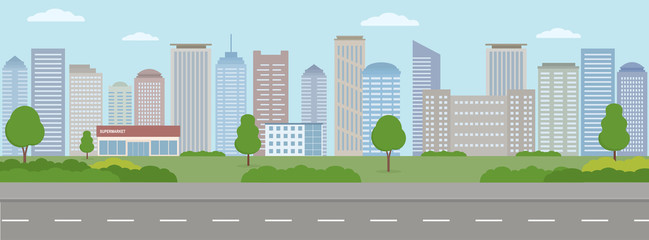Empty modern city. City life illustration with house facades, road and other urban details.  Panoramic view. Flat style, vector illustration.
