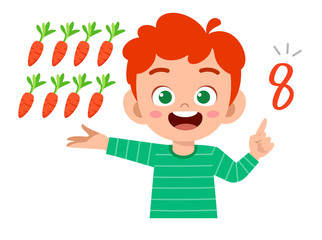cute little kid boy study math number count vegetable