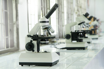Microscope in laboratory. Medical equipment technology and research concept