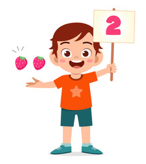 cute little kid boy study math number count fruit