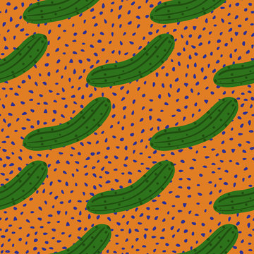 Doodle cucumber seamless pattern on dots background. Cucumbers vegetable endless wallpaper.
