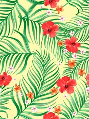 Fotobehang Trendy vector pattern in tropical style. Seamless botanical print for textile, print, fabric on hand drawn background. © Logunova  Elena