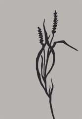 Handmade drawing of a twig transformed into a plain silhouette on a colored background, illusration.