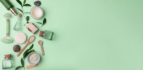 Beauty background with various eco friendly cosmetic and skin care products. Modern spring skin care layout, top view, flat lay.space for text © chichkaua